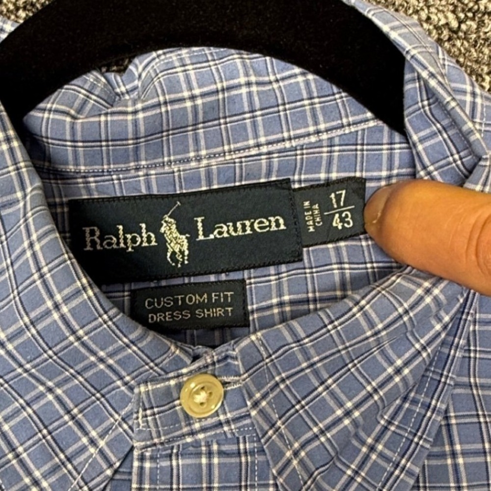 Ralph Lauren Mens Custom Fit Blue White Plaid Button Down Dress Shirt 17 - Picture 5 of 8